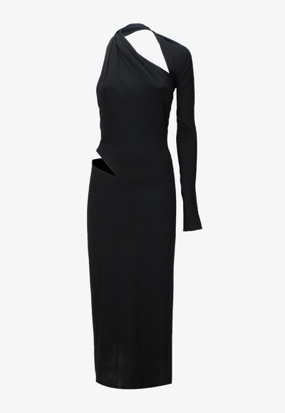 Shop Versace Asymmetric Midi Dress In Black