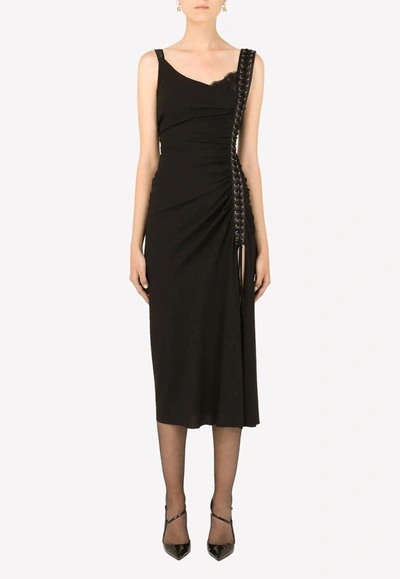 Shop Dolce & Gabbana Asymmetric Stretch Sable Midi Ruched Dress In Black