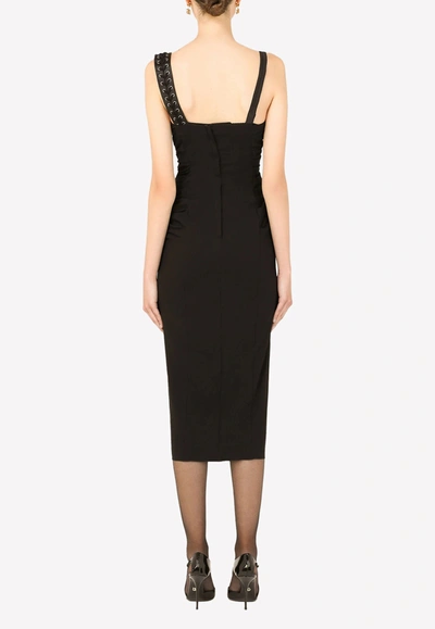 Shop Dolce & Gabbana Asymmetric Stretch Sable Midi Ruched Dress In Black