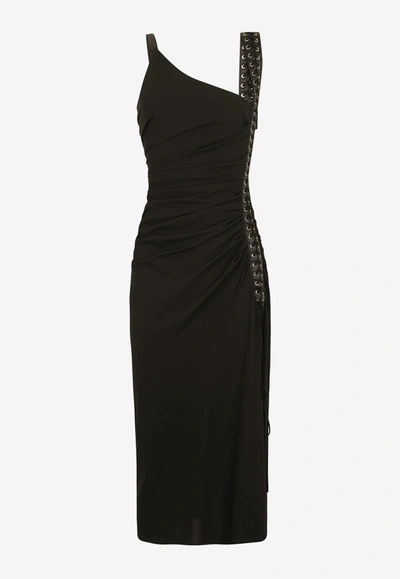 Shop Dolce & Gabbana Asymmetric Stretch Sable Midi Ruched Dress In Black