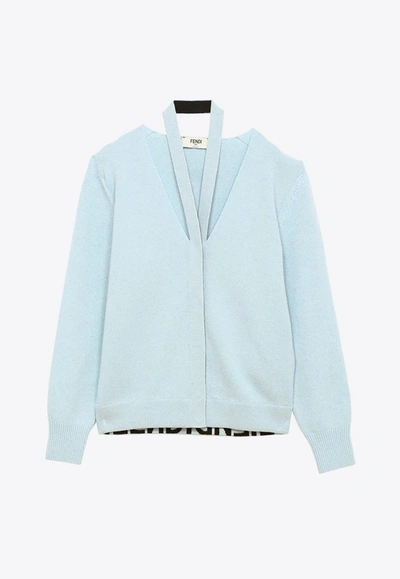 Shop Fendi Asymmetric Wool And Silk Cardigan In Light Blue