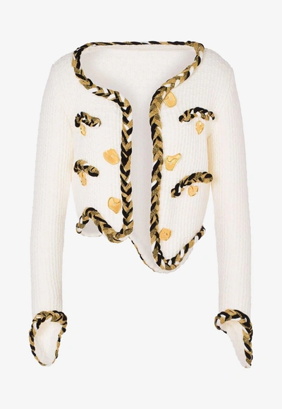 Shop Moschino Asymmetric Wool Cardigan With Braided Piping In White