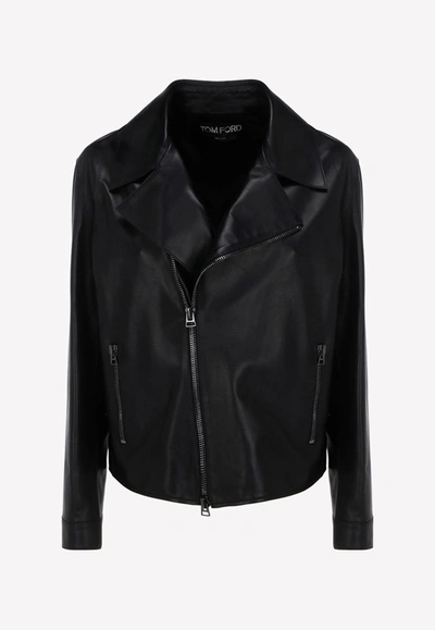 Shop Tom Ford Asymmetric Zip Biker Jacket In Leather In Black