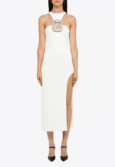 Shop David Koma Asymmetrical Midi Dress With Big Crystal Buckle In White