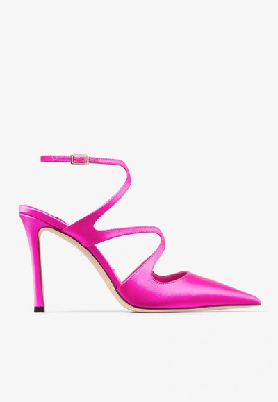 Shop Jimmy Choo Azia 95 Pointed Pumps In Satin In Fuchsia