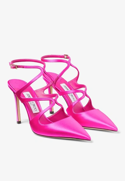 Shop Jimmy Choo Azia 95 Pointed Pumps In Satin In Fuchsia