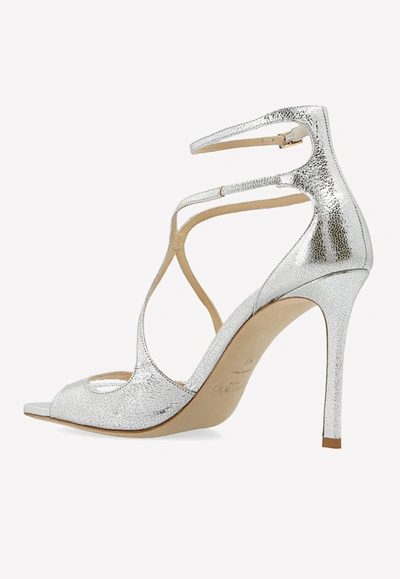 Jimmy Choo Azia 75 Glitter Leather Sandals In Champagne In Silver