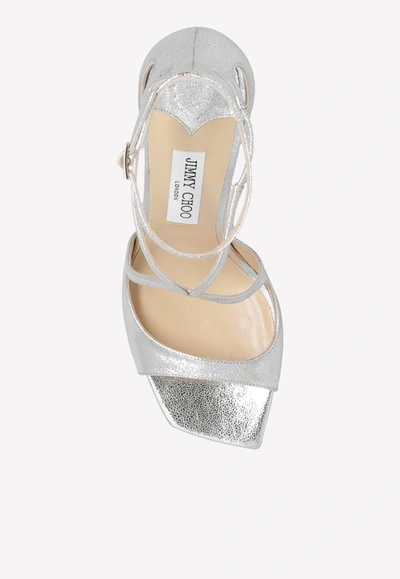Jimmy Choo Azia 75 Glitter Leather Sandals In Champagne In Silver