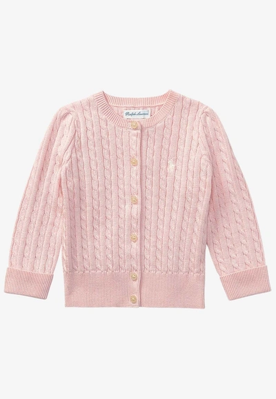 Shop Polo Ralph Lauren Babies Cable-knit Logo Embroidered Cardigan In Pink