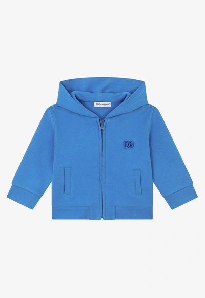 Shop Dolce & Gabbana Baby Boys Embroidered Dg Zip-up Hoodie In Blue