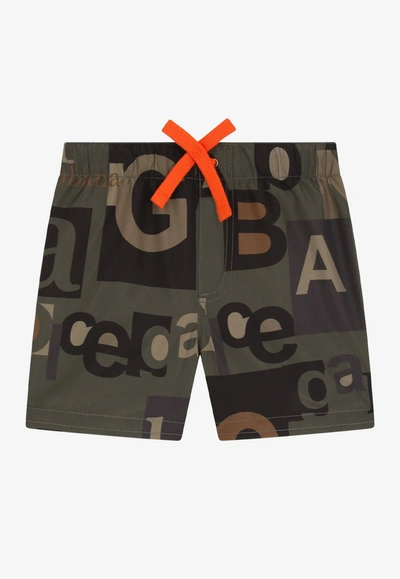 Shop Dolce & Gabbana Baby Boys Logo Lettering Swim Shorts In Olive