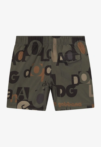 Shop Dolce & Gabbana Baby Boys Logo Lettering Swim Shorts In Olive