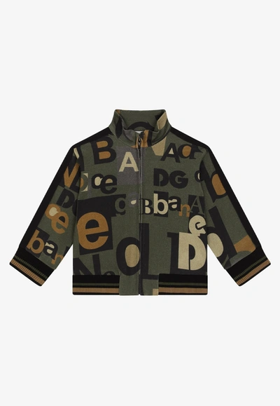 Shop Dolce & Gabbana Baby Boys Logo Lettering Zip-up Jacket In Khaki