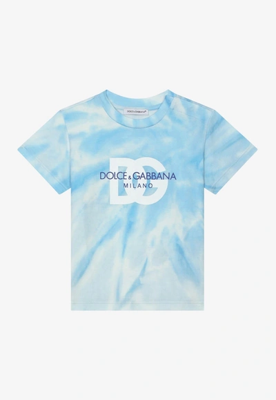 Shop Dolce & Gabbana Baby Boys Tie-dye T-shirt With Dg Logo Print In Blue