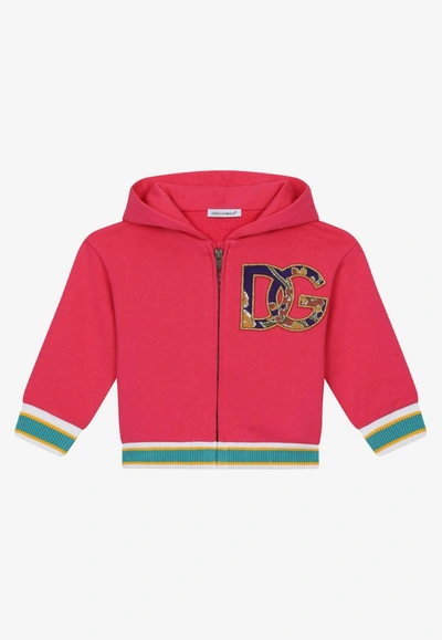 Shop Dolce & Gabbana Baby Girls Dg Logo Brocade Patch Hoodie In Fuchsia