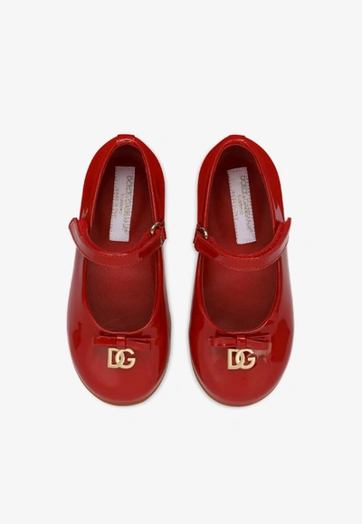 Shop Dolce & Gabbana Baby Girls Dg Logo Patent Leather Ballet Flats With Strap In Red