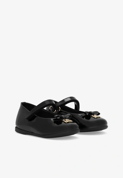 Shop Dolce & Gabbana Baby Girls Dg Logo Patent Leather Ballet Flats With Strap In Black