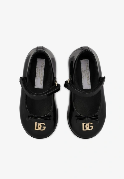 Shop Dolce & Gabbana Baby Girls Dg Logo Patent Leather Ballet Flats With Strap In Black