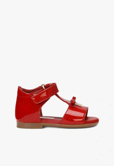 Shop Dolce & Gabbana Baby Girls Dg Logo Patent Leather Sandals In Red