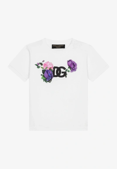 Shop Dolce & Gabbana Baby Girls Floral Dg Logo Print T-shirt In White