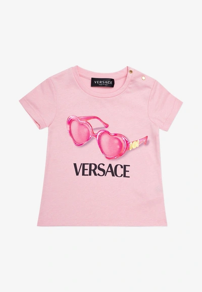 Shop Versace Baby Girls Heart Medusa Sunglasses Print T-shirt In Pink