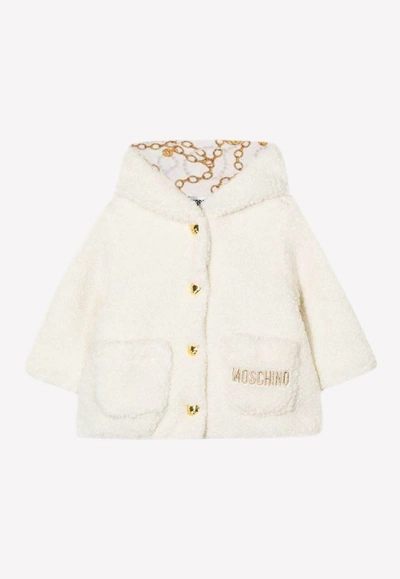 Shop Moschino Baby Girls Logo-embroidered Fleece Coat In White