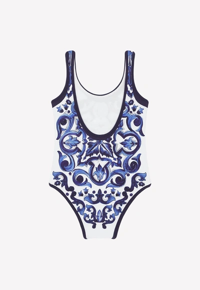 Shop Dolce & Gabbana Baby Girls Majolica Print One-piece Swimsuit In Blue