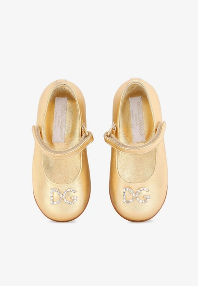 Shop Dolce & Gabbana Baby Girls Mary Jane Metallic Leather Ballerinas In Gold