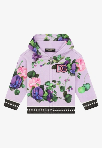 Shop Dolce & Gabbana Baby Girls Rose Print Zip Hoodie In Lavender