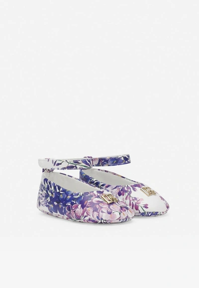 Shop Dolce & Gabbana Baby Girls Wisteria Print Ballet Flats In Nappa Leather In Lavender