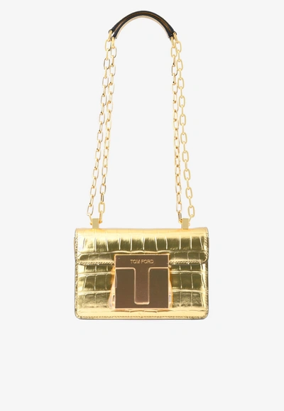 Shop Tom Ford Baguette Metallic Chain Shoulder Bag In Croc-embossed Leather In Gold