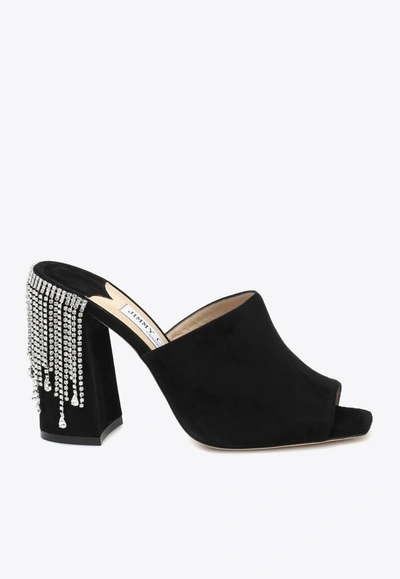 Shop Jimmy Choo Baia 100 Crystal Fringe Block Mules In Suede In Black