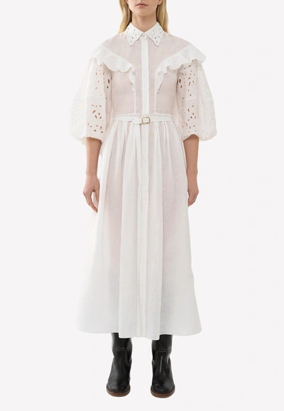 Shop Chloé Balloon-sleeved Ruffed Yoke Midi Dress In White