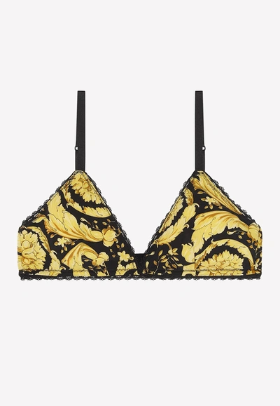 Shop Versace Barocco Print Lace-trimmed Bra In Yellow