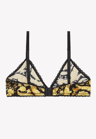 Shop Versace Barocco Print Lace-trimmed Bra In Yellow