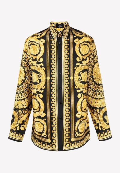Shop Versace Barocco Print Long-sleeved Silk Shirt In Yellow