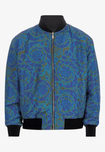 Shop Versace Barocco Print Reversible Bomber Jacket In Blue