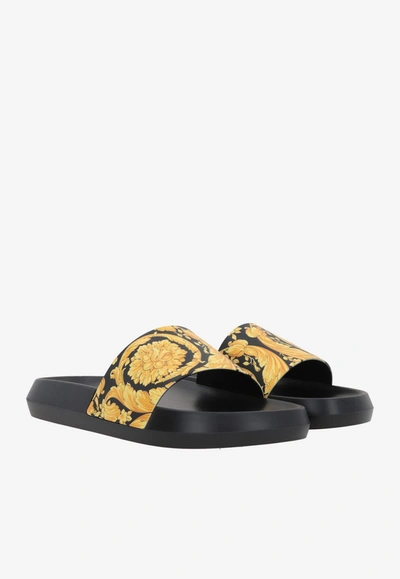 Versace Baroque Print Rubber Slide Sandals In Black
