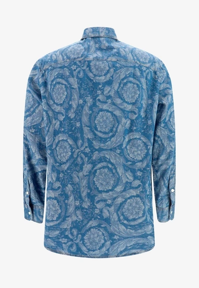 Shop Versace Barocco Silhouette Denim Shirt In Blue