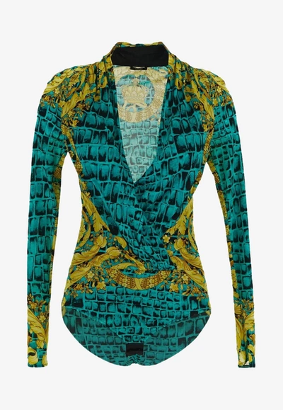 Shop Versace Baroccodile Print Draped Bodysuit In Multicolor