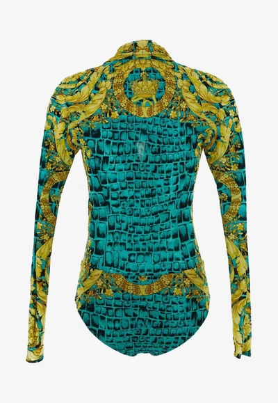 Shop Versace Baroccodile Print Draped Bodysuit In Multicolor