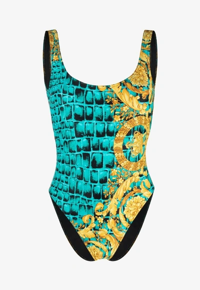 Shop Versace Baroccodile Print One-piece Swimsuit In Multicolor