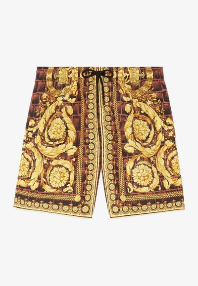 Shop Versace Baroccodile Print Swim Shorts In Multicolor