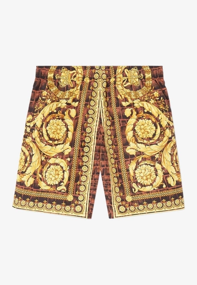 Shop Versace Baroccodile Print Swim Shorts In Multicolor