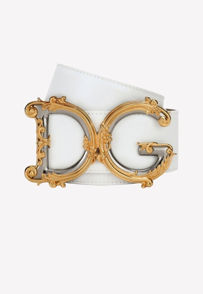 Shop Dolce & Gabbana Baroque Dg Logo Calfskin Belt In White