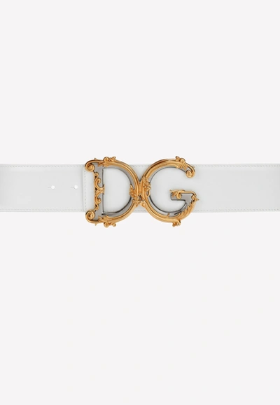 Shop Dolce & Gabbana Baroque Dg Logo Calfskin Belt In White