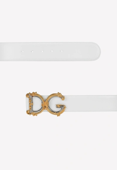 Shop Dolce & Gabbana Baroque Dg Logo Calfskin Belt In White