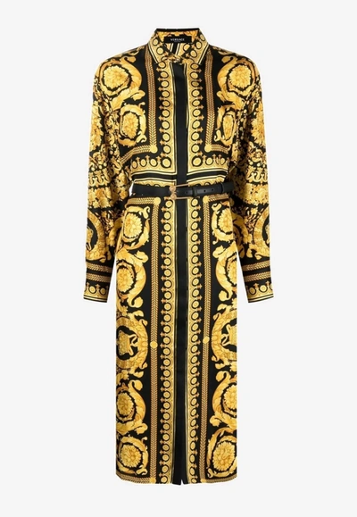 Shop Versace Baroque Print Belted Shirt Dress In Yellow