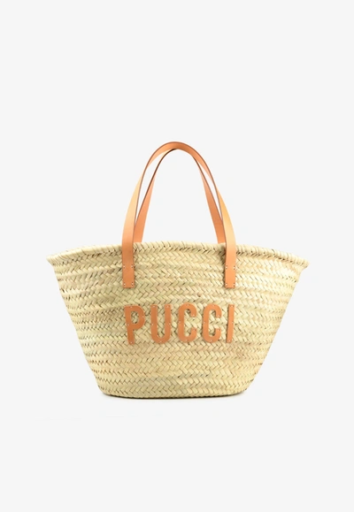 Shop Emilio Pucci Basket Tote Bag With Logo Patch In Beige