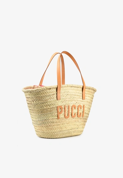 Shop Emilio Pucci Basket Tote Bag With Logo Patch In Beige